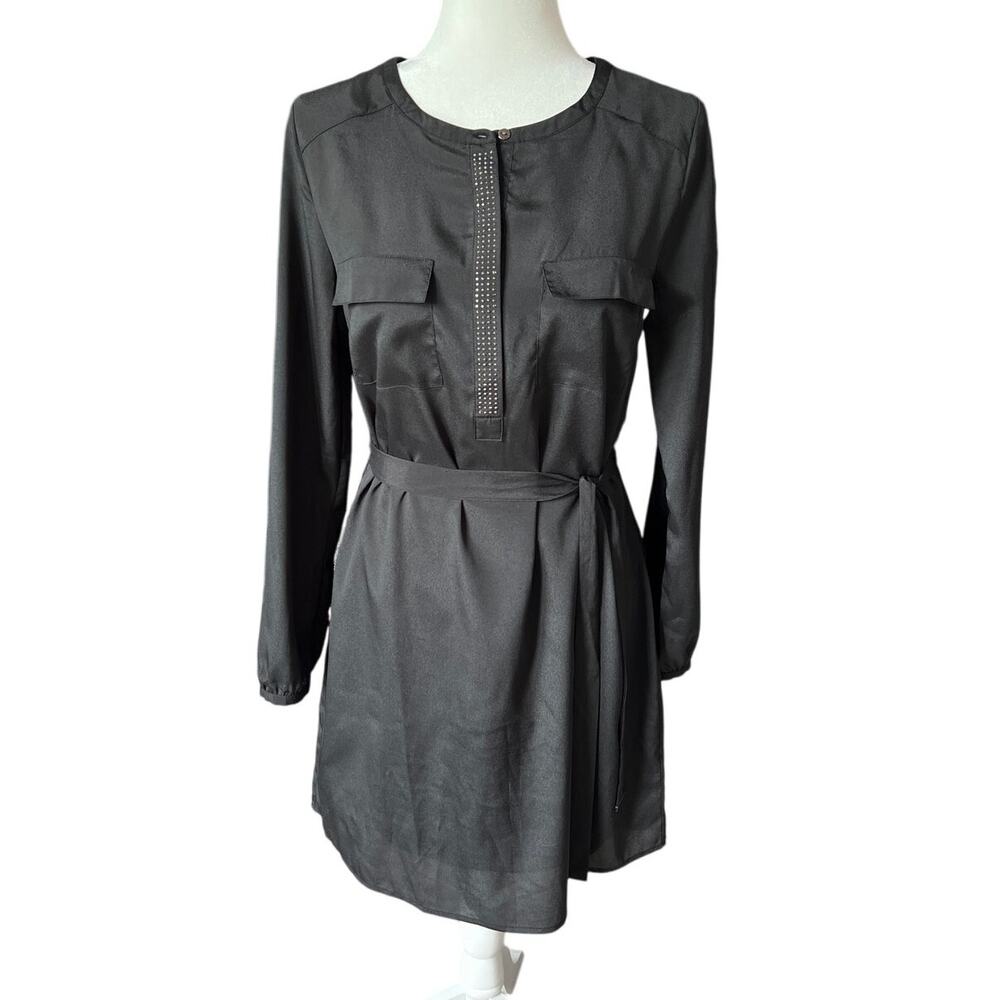 Jennifer Lopez Black Belted Shirtdress Womens Size 4 Embellished Lightweight LBD